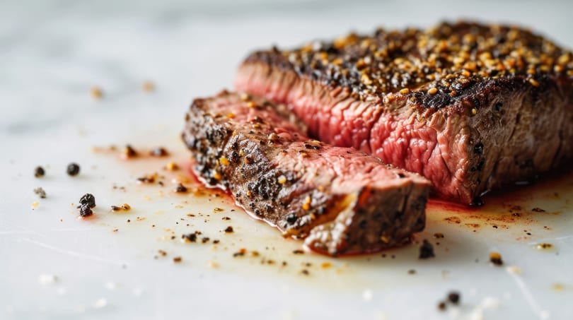 Close-up of a perfectly cooked medium-rare steak, sliced, showing juicy red interior and peppercorn crust.